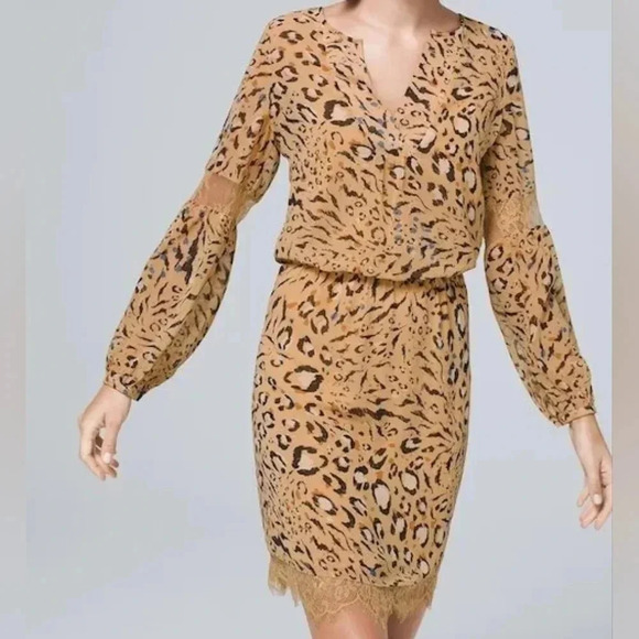 Long sleeve abstract animal blouson dress with lace trim WHBM size 2 - Picture 4 of 8